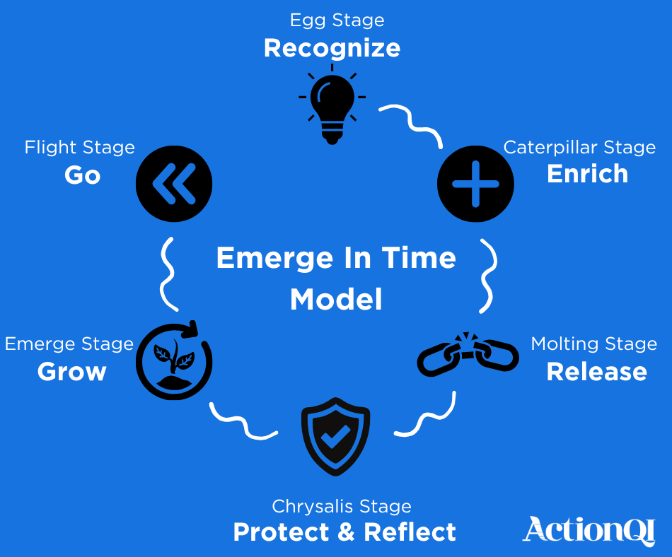 Image showing the Emerge Model from Recognize (Egg stage) to Go (flight stage)