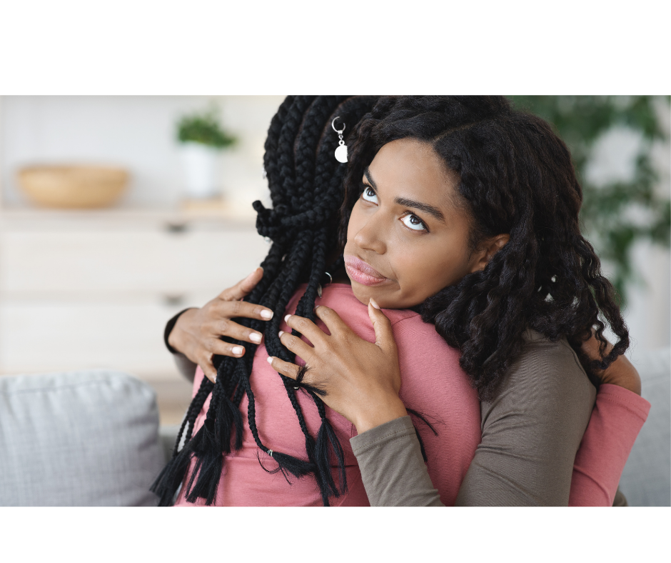 Image of two people hugging but one person doesn't like the hug. Unresolved hurt and guilt