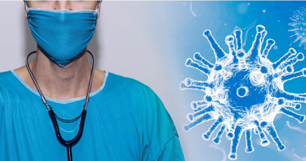 Why High Bundle Compliance Doesn’t Always Mean Low CLABSI Risk. Image of a healthcare worker in PPE and a virus molecule.