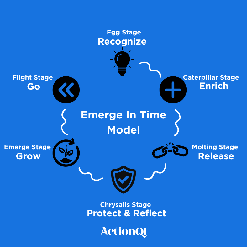 Image showing the Emerge Model from Recognize (Egg stage) to Go (flight stage)