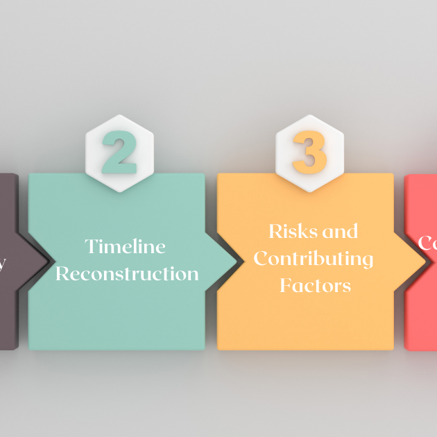 Image showing the 4 stages of the TRACE Framework. 1. Event Summary, 2. Timeline Reconstruction, 3. Risks and Contributing Factors, 4. Analysis, Corrective Actions, and Enabling Conditions